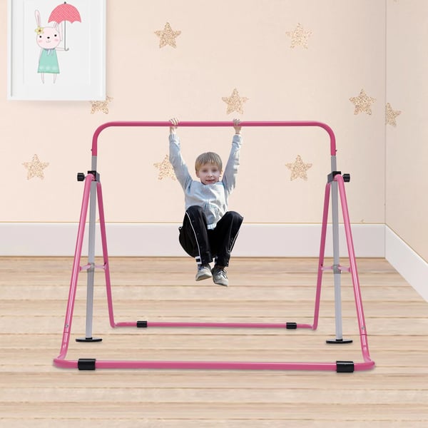 Gymnastikstang - Foldbar Horisontalstang - 5 Højder - Fritstående - Indendørs Hjemmetræning - Pink