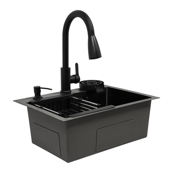 Köksdiskho - Set 50×40 cm - 201 rostfritt stål - 20 cm djup - Blandare, tvåldispenser & koppsköljare - Under/plan/topp - Nanobeläggning - Svart