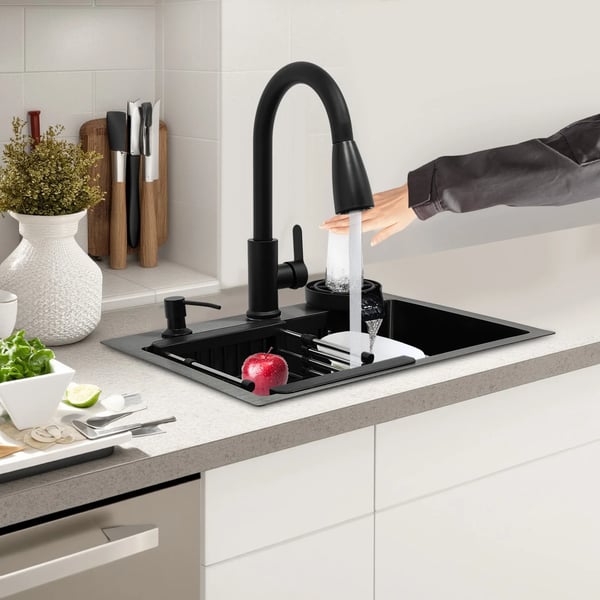 Köksdiskho - Set 50×40 cm - 201 rostfritt stål - 20 cm djup - Blandare, tvåldispenser & koppsköljare - Under/plan/topp - Nanobeläggning - Svart