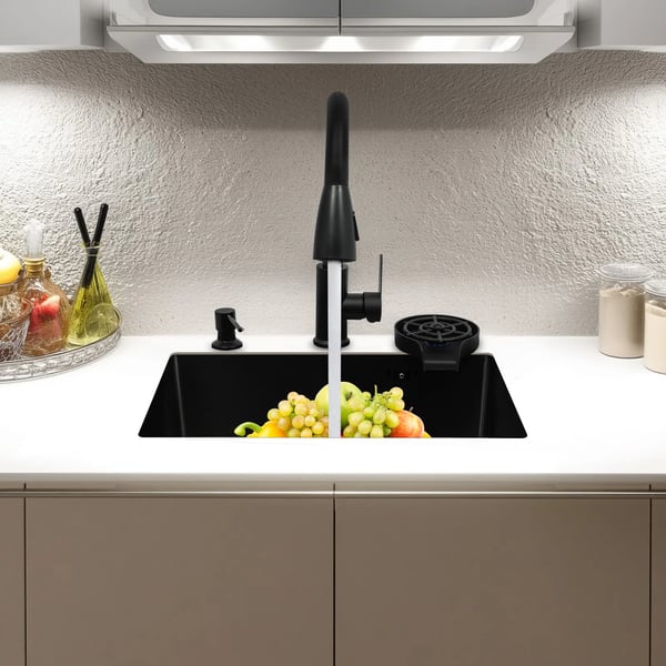 Köksdiskho - Set 50×40 cm - 201 rostfritt stål - 20 cm djup - Blandare, tvåldispenser & koppsköljare - Under/plan/topp - Nanobeläggning - Svart