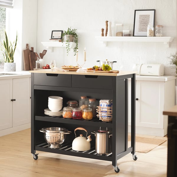 Køkkenø & køkkenvogn - FKW74-SCH - 2 skuffer og hylder - 98×94×58 cm - Sort