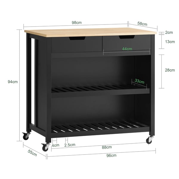Køkkenø & køkkenvogn - FKW74-SCH - 2 skuffer og hylder - 98×94×58 cm - Sort