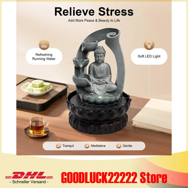 Buddha statue - Bordfontæne - Resin - Zen meditation - Bord springvand - Indendørs til skrivebord & stue - Grå