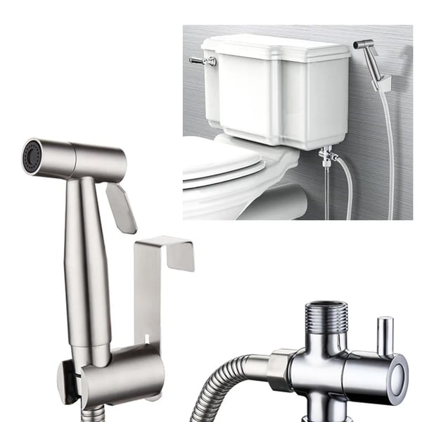 Håndholdt bidetbruser - Bidetbrusersæt - Rustfrit stål - Trevejsventil G1/2 - T-stykke i messing - Slange 1,5 m - Sølv