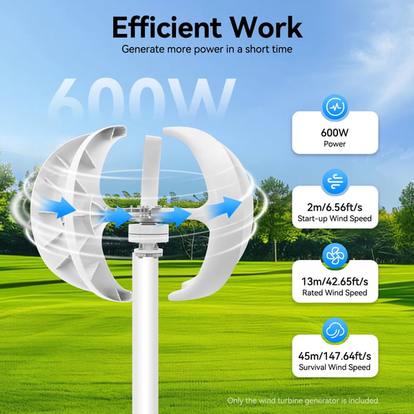 Vindgenerator - 600W 24V - 5 blade - Elektromagnetisk styring - Automatisk vindvinkel - Nylonfiberblade - Til vind-sol hybridsystemer