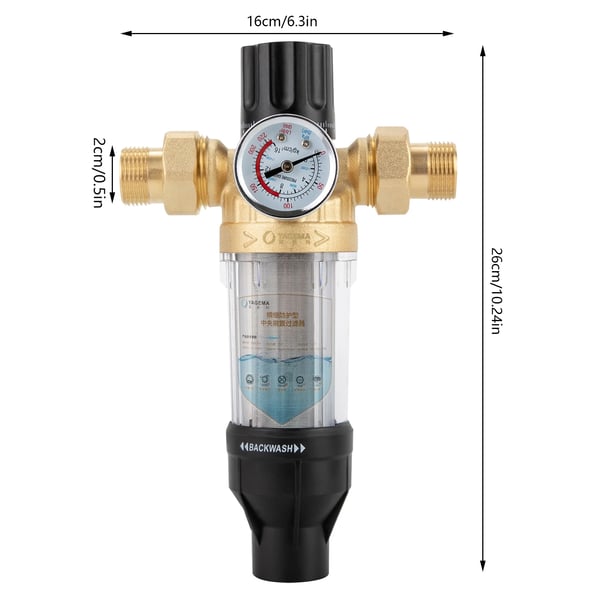 Spin-down sedimenttisuodatin - 20 mm liitäntä - 40 µm suodatus - Takahuuhdeltava tyhjennysputkella - Painemittari - Musta