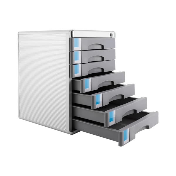 Dokumentboks - Skrivebordsorganizer - 7 Skuffer - Låsbart - Etiketvinduer - Pladsbesparende - Aluminiumslegeret Kant + PP-skuffer - Grå