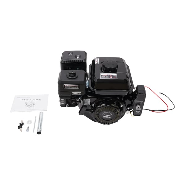 Benzinmotor - 7,5 hk 210 cc 4-takt med elstart - Enkeltcylindret - Til kompressor, plænelufter, plæneklipper, gokart - Sort