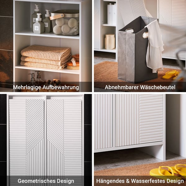 Badeværelsesskab - BZR155-W højskab - Smalt - Med vasketøjskurv - Døre og hylde - 60×30×171 cm - Hvid