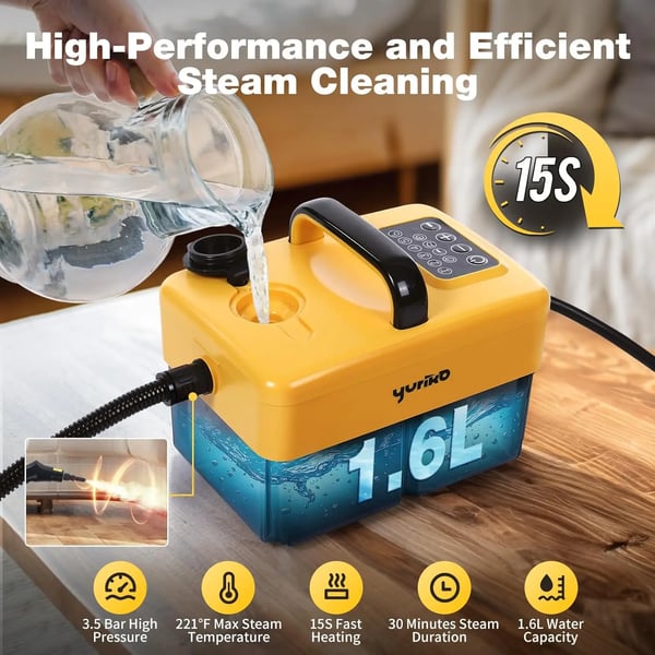 Dampvasker & damprenser - Håndholdt - 801–1000 W - 110 V - Højtemperaturdamp - Desinfektion & trykstråle - Hjem, bil, køkken, AC - Gul