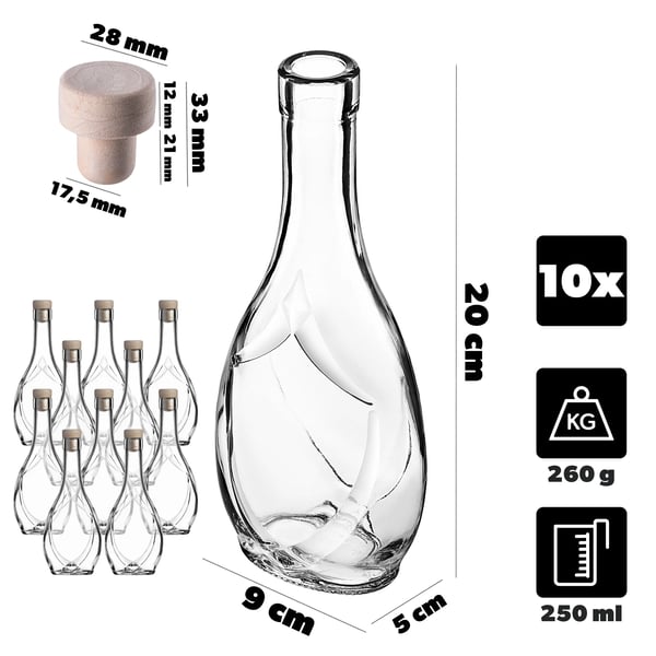 Glasflaske - Tinkturflaske - 250 ml - Syntetprop - 10-pak - Fødevaregodkendt (FCM)