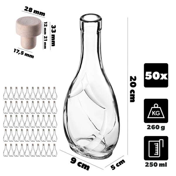 Glasflasker til tinktur - 250 ml - Syntetisk prop - FCM-certificeret - 50-pak