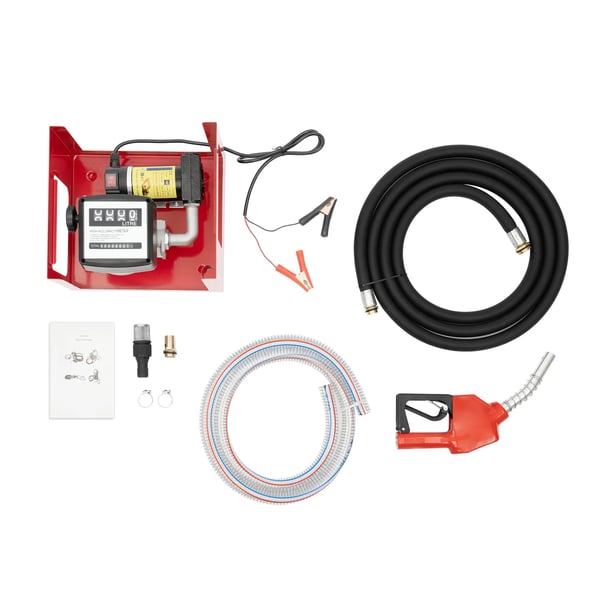 Brændstofoverføringspumpe - Selvansugende dieselpumpe - 175 W - 12 V DC - Til diesel/petroleum/olie - Automatisk tankpistol - IP55 - Rød