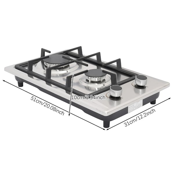 Transportabel gasblus/gaskogeplade - 2‑brændere - 3 kW + 1,75 kW - 1,5 m gasslange - 2800 Pa - Overtryksventil - Rustfrit stål - Sølv