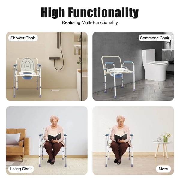 Sammenklappelig bruse- og toiletstol - Bækkenstol - Justerbar højde 65–75 cm (5 trin) - Max 150 kg - Armlæn 53–63 cm - Metal - 68×54×16 cm - Hvid