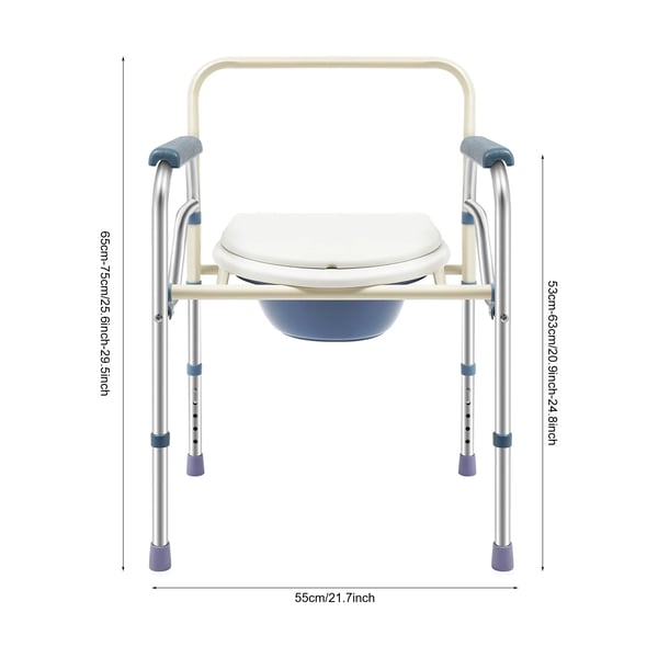 Sammenklappelig bruse- og toiletstol - Bækkenstol - Justerbar højde 65–75 cm (5 trin) - Max 150 kg - Armlæn 53–63 cm - Metal - 68×54×16 cm - Hvid