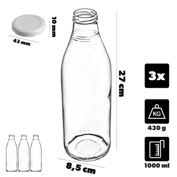 Juiceflaske i glas - 1 l - 3 stk. - Med låg - FCM-certificeret - Guld