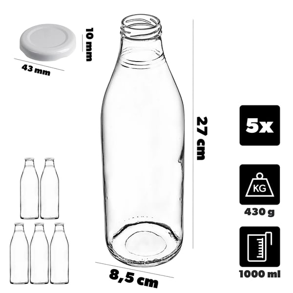 Juice- og saftflasker - Glasflaske 1 l - Skruelåg - Fødevaresikker FCM - Genanvendelige - 5-pak - Hvid