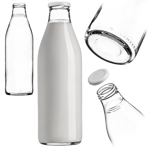 Glas mjölkflaska - 1 l - Skruvlock 43 mm - Livsmedelssäker - Vit