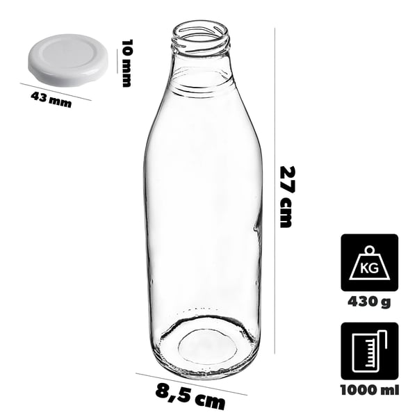 Glas mjölkflaska - 1 l - Skruvlock 43 mm - Livsmedelssäker - Vit