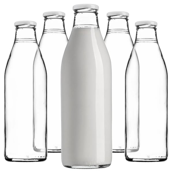 Glas mjölkflaska - 1 l - Skruvlock 43 mm - Livsmedelssäker - Vit