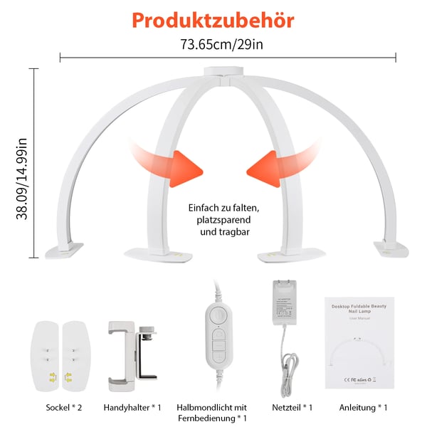 Halvmåne U-formet Neglelampe - LED Bordlampe til Manicure/Salon - 38 W - 76,2 cm Længde - Arbejdslampe - Hvid