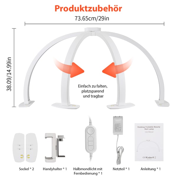 Halvmåne U-formet Neglelampe - LED Bordlampe til Manicure/Salon - 38 W - 76,2 cm Længde - Arbejdslampe - Hvid