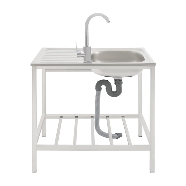 Kommersiell diskbänk - Fristående enkelho med arbetsbänk och hylla - 75×40×75 cm - 360° blandare - Rostfritt stål - 30 kg - Silver