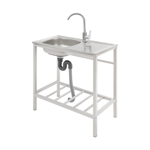 Kommersiell diskbänk - Fristående enkelho med arbetsbänk och hylla - 75×40×75 cm - 360° blandare - Rostfritt stål - 30 kg - Silver