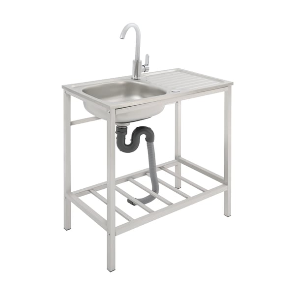 Kommersiell diskbänk - Fristående enkelho med arbetsbänk och hylla - 75×40×75 cm - 360° blandare - Rostfritt stål - 30 kg - Silver