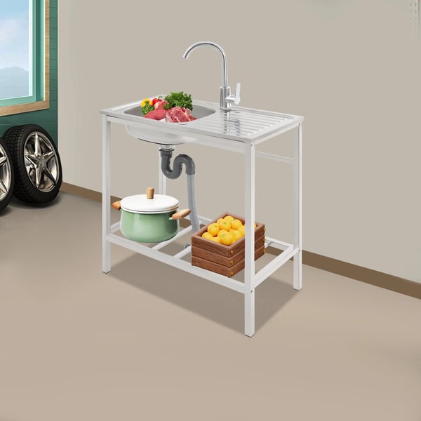 Kommersiell diskbänk - Fristående enkelho med arbetsbänk och hylla - 75×40×75 cm - 360° blandare - Rostfritt stål - 30 kg - Silver