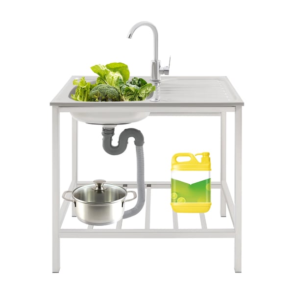 Kommersiell diskbänk - Fristående enkelho med arbetsbänk och hylla - 75×40×75 cm - 360° blandare - Rostfritt stål - 30 kg - Silver