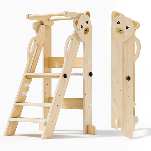 Montessori bjørne-læretårn - Trappestol til børn - 3-i-1, Højdejusterbar, Sammenklappelig, Selvstående, Træ, 1–6 år - Mørkelilla