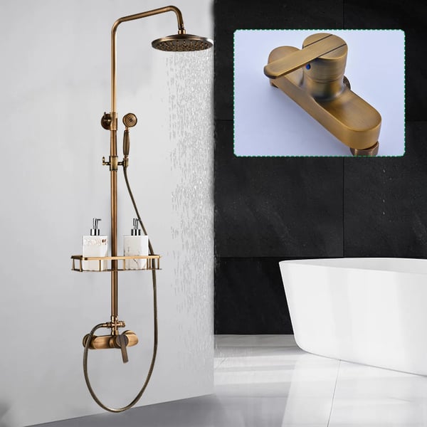 Brusesæt - Regnbrusersystem - Dobbelt vandudløb - Roterende 360° topbruser - Opbevaringshylde - Vintage stil - Messing - Bronze