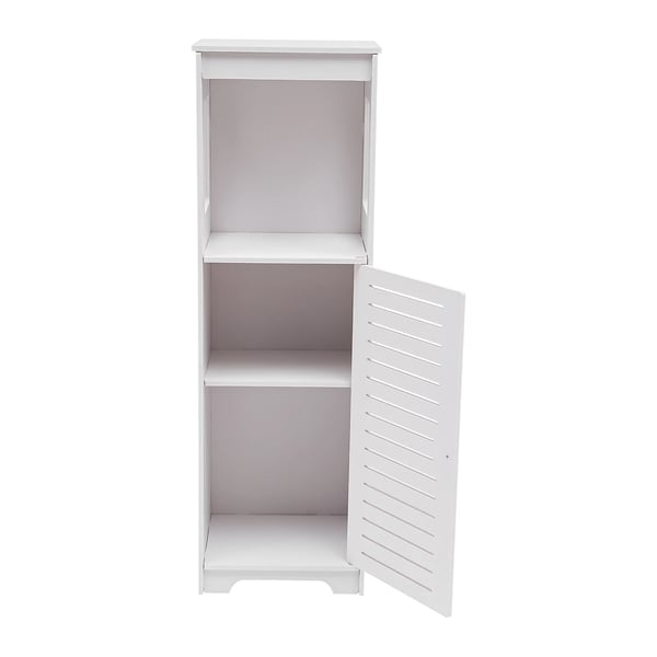 Kylpyhuoneen säilytyskaappi - 4-tasoinen kaappi - Vedenkestävä PVC - Tuuletusaukollinen ovi - 28 x 25 x 90 cm - Kantavuus 2,5 kg/taso - Valkoinen