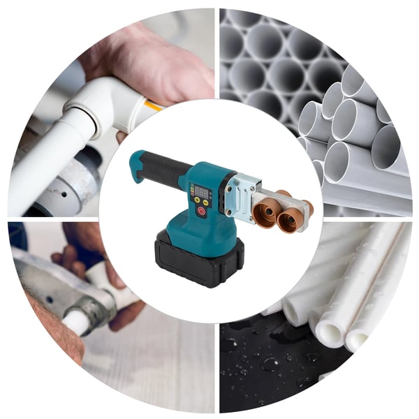 Plastrørsvejser - Batteridrevet rørsvejsemaskine - 280 W - Li-ion batteri - 5 svejsehoveder - Til vandrør - Blå