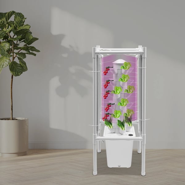 Hydroponisk dyrkningstårn - Vertikalt sæt - 30 plantehuller - 6 lag - 10 L vandtank - LED vækstlys - Fødevaregodkendt PP - 39×39×97 cm - Hvid