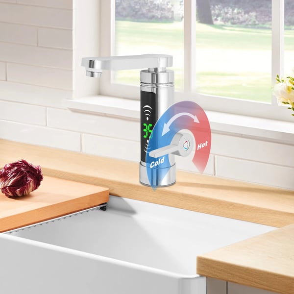 Elektrisk vandhane - Blandingsbatteri med temperaturdisplay - 3000 W - Hurtig opvarmning 3 s - EU-stik - 25–55 °C - 360° drejbar - IPX4 - Sølv