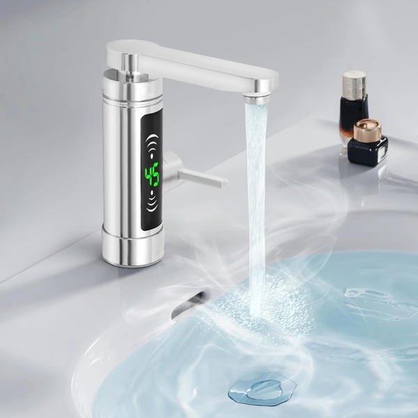 Elektrisk vandhane - Blandingsbatteri med temperaturdisplay - 3000 W - Hurtig opvarmning 3 s - EU-stik - 25–55 °C - 360° drejbar - IPX4 - Sølv