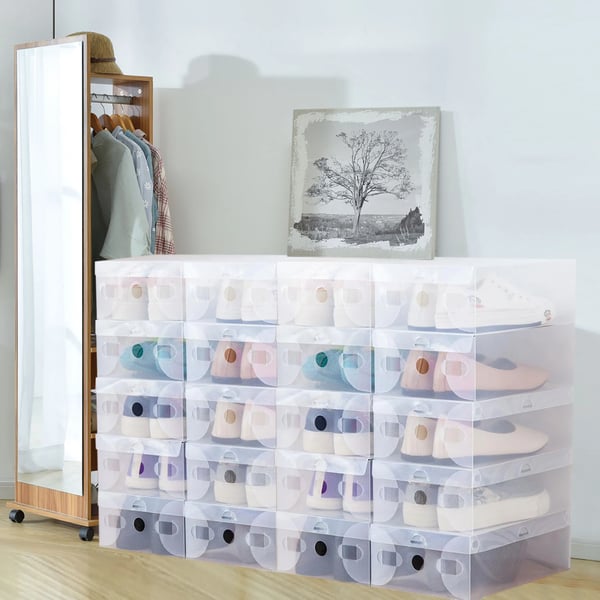 Skobokse - 20-pak plastkasser - Stablebar - Sammenklappelig - Skuffe med frontåbning - 28×18×10 cm - Gennemsigtig