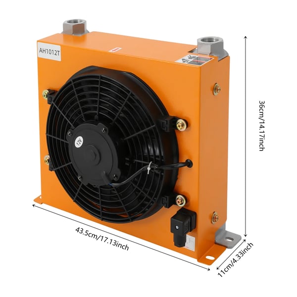 Hydraulisk oliekøler - Luftkølet varmeveksler - Luftkøling - 120 W - DC 12 V - 6000 kcal/t - 100 L/min - 30–45 dB - Gul