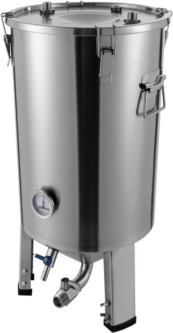 Rostfritt jäskärl - Fermenter med kylare - Rund - 32 l - För hembryggning av öl och vin - 59,7 x 33,3 cm - Silver