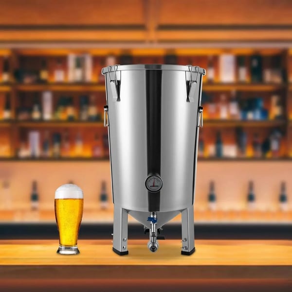 Rustfrit stål gæretank - Fermenter med køler - Rund - 32 l - Til hjemmebrygning af øl og vin - 59,7 x 33,3 cm - Sølv