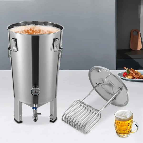Rustfrit stål gæretank - Fermenter med køler - Rund - 32 l - Til hjemmebrygning af øl og vin - 59,7 x 33,3 cm - Sølv