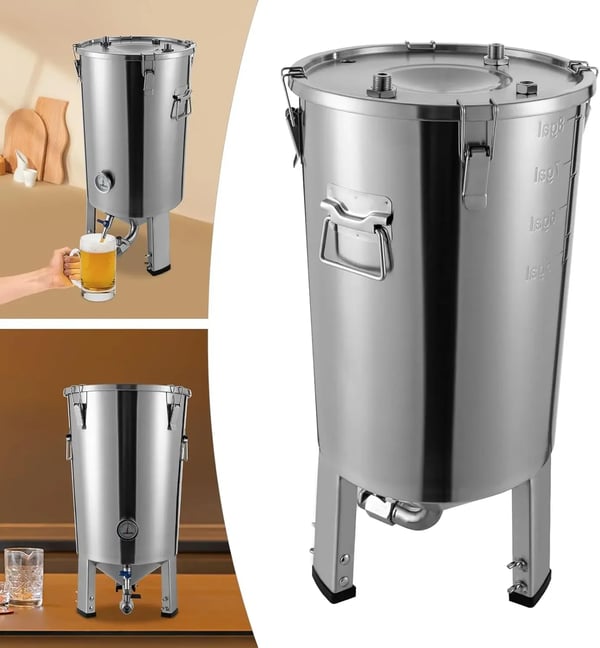 Rustfrit stål gæretank - Fermenter med køler - Rund - 32 l - Til hjemmebrygning af øl og vin - 59,7 x 33,3 cm - Sølv