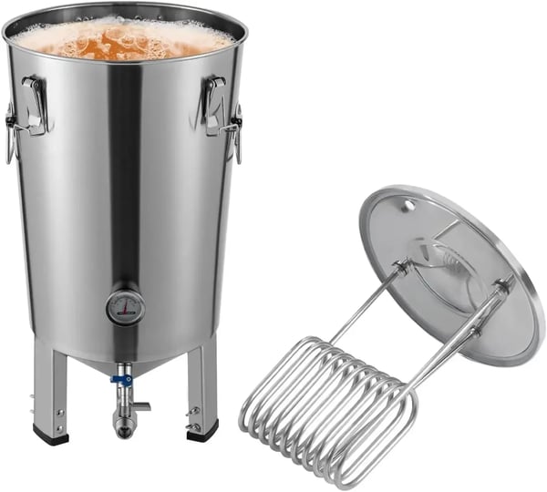 Rustfrit stål gæretank - Fermenter med køler - Rund - 32 l - Til hjemmebrygning af øl og vin - 59,7 x 33,3 cm - Sølv