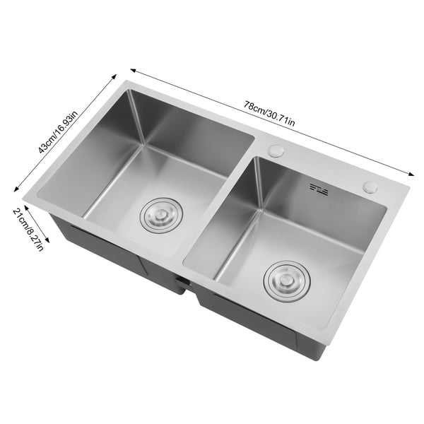 Køkkenvask - Dobbeltkumme - Rustfrit Stål - Rektangulær - Uden Armatur - Et Hul - 37,4×38 cm + 33×33 cm - Sølv