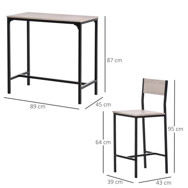 Barbordset - Högt barbord med 2 pallar - Platsbesparande - Industristil - Mått 89×45×87 cm - För kök & balkong - Natur och svart