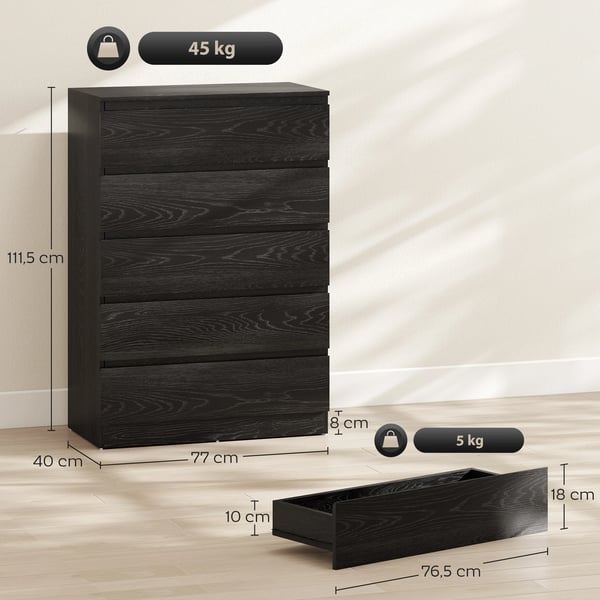 Byrå - Lådbyrå - 5 Lådor - 77 x 40 x 111,5 cm - Modern design - Svart