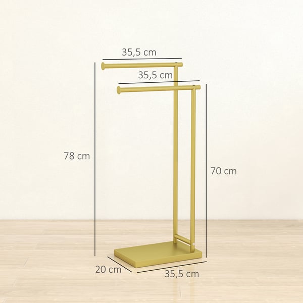 Handduksställ för badrum - Fristående handduksstege - Två nivåer, två stänger - Metallram - L-formad - Mått 35,5×20×78 cm - Guld